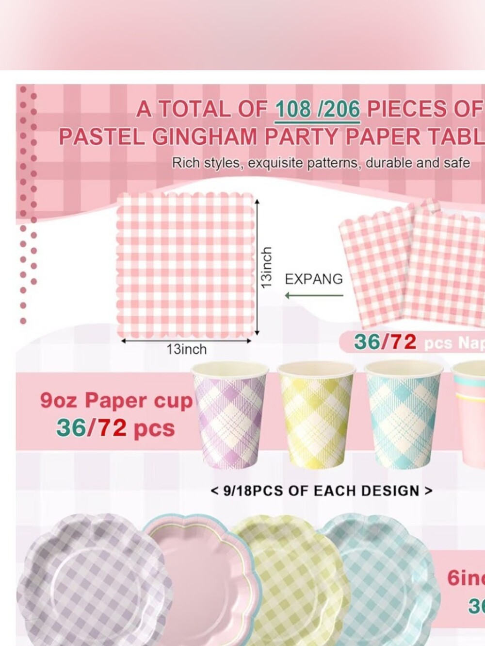 Pastel Gingham Party Paper Dessert Tableware Set - Pink, Blue, Yellow, Lavender - Picture 2 of 4